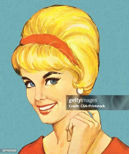 ilustraciones, imágenes clip art, dibujos animados e iconos de stock de sonriente mujer con peinado bouffant - mujer bella