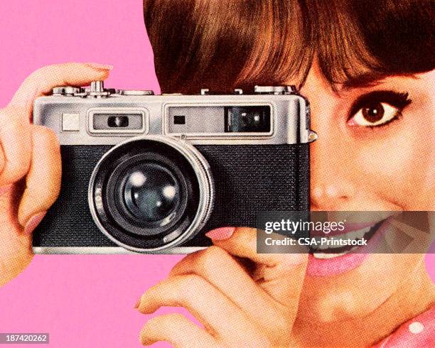 woman taking picture with camera - photography themes stock illustrations stock illustrations