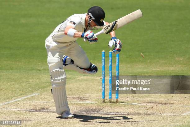 John Rogers of the Warriors his bowled by Chadd Sayers of the Redbacks during day four of the Sheffield Shield match between the Western Australia...