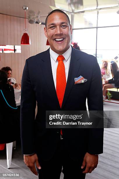 Former Australian swimmer Geoff Huegill pose during Stakes Day at Flemington Racecourse on November 9, 2013 in Melbourne, Australia.