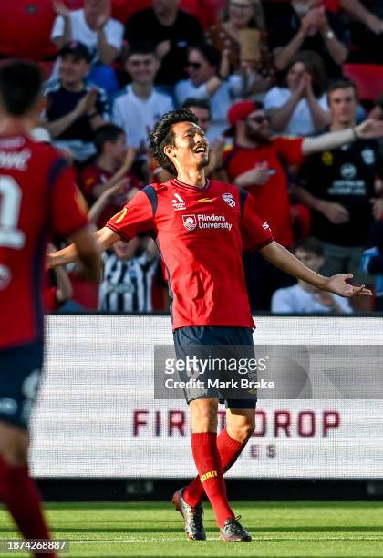 Hiroshi Ibusuki of Adelaide United celebrates after scoring his teams first goal during the A-League Men round nine match between Adelaide United and...