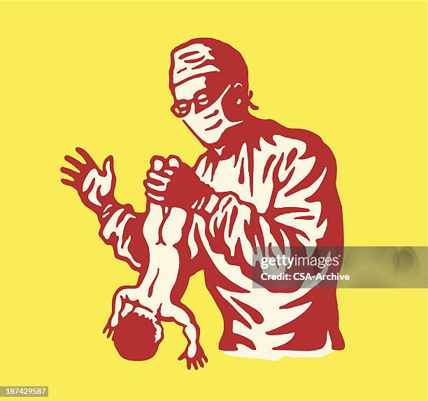 delivery room doctor about to spank newborn - spanking stock illustrations