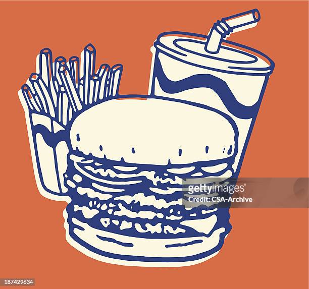 ilustrações de stock, clip art, desenhos animados e ícones de refeição do fast food, hamburguer, batatas fritas e refrigerantes - hamburguer