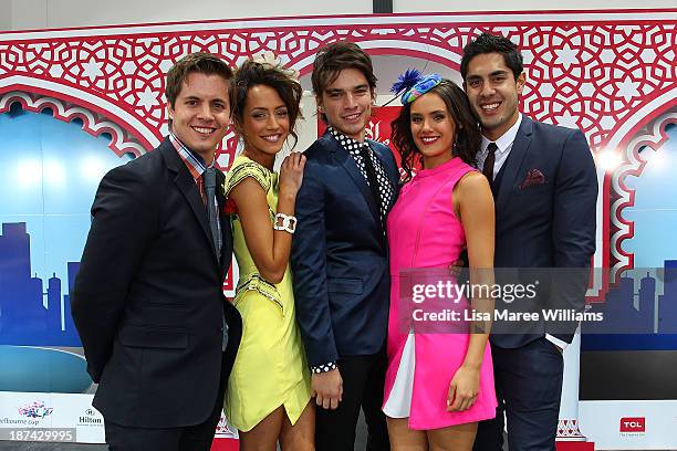 Home & Away stars Johnny Ruffo, Isabella Giovinazzo, Jackson Gallagher, Cassie Howarth and Tai Hara pose at the Fashions on the Field marquee during...