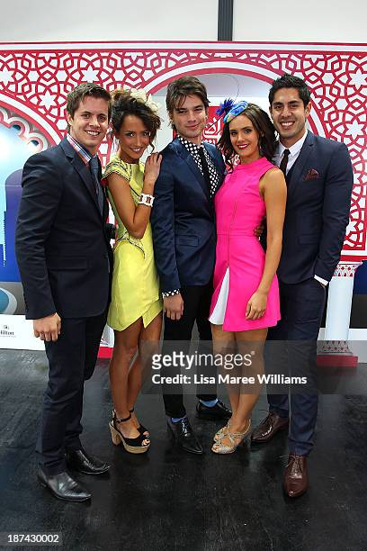 Home & Away stars Johnny Ruffo, Isabella Giovinazzo, Jackson Gallagher, Cassie Howarth and Tai Hara pose at the Fashions on the Field marquee during...