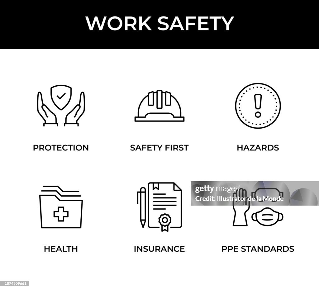 Das Arbeitssicherheits-Symbolset enthält folgende Symbole: Schutz, Sicherheit an erster Stelle, Gefahren, Gesundheit, Versicherung, PSA-Normen