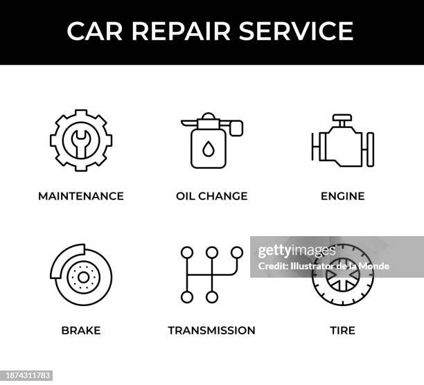 ilustraciones, imágenes clip art, dibujos animados e iconos de stock de conjunto de iconos de servicio de reparación de automóviles. iconos de mantenimiento, cambio de aceite, motor, freno, transmisión, neumáticos - plataforma-hidráulica