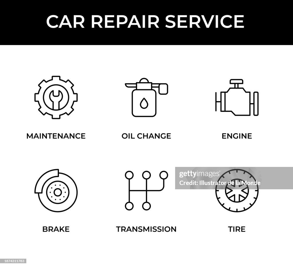Car Repair Service Icon Set. Maintenance, Oil Change, Engine, Brake, Transmission, Tire icons