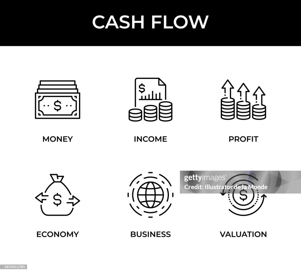 Cash Flow Icon Set contains these icons: Money, Income, Profit, Economy, Business, and Valuation