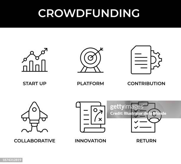 crowdfunding icon set contains these icons: start up, platform, contribution, collaborative, innovation, return - private equity icon stock illustrations