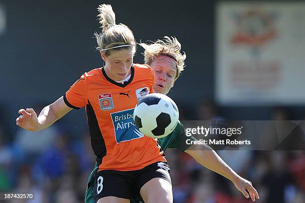 Elise Kellond-Knight of the Roar competes for the ball during the round one W-League match between the Brisbane Roar and Canberra United at AJ Kelly...