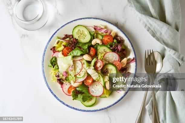 vegan vegetarian salad - cherry tomato, cucumber, radish, lettuce - cashew pieces stock pictures, royalty-free photos & images