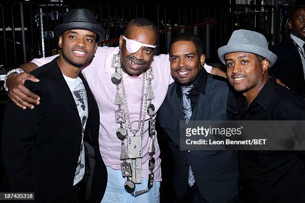 Actor Larenz Tate, rapper Slick Rick, Lahmard J. Tate and Larron Tate attend the Soul Train Awards 2013 at the Orleans Arena on November 8, 2013 in...