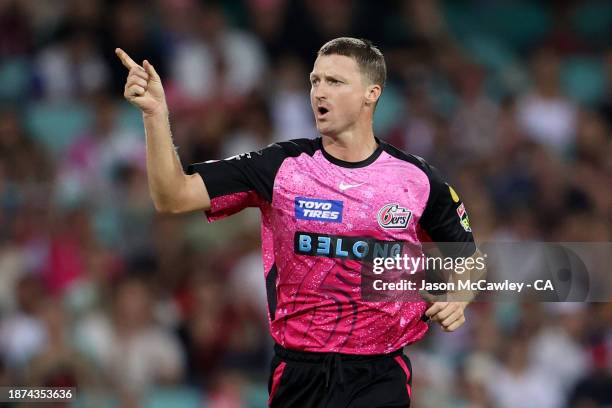 Jackson Bird of the Sixers celebrates after taking the wicket of D'Arcy Short of the Strikers during the BBL match between Sydney Sixers and Adelaide...