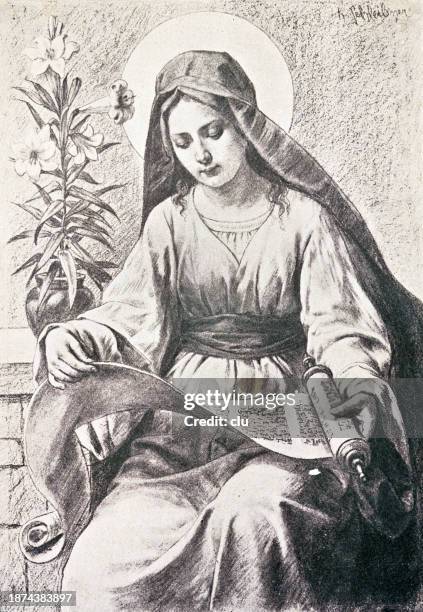 die jungfrau maria hält einen rotulus in der hand - virgin mary stock-grafiken, -clipart, -cartoons und -symbole