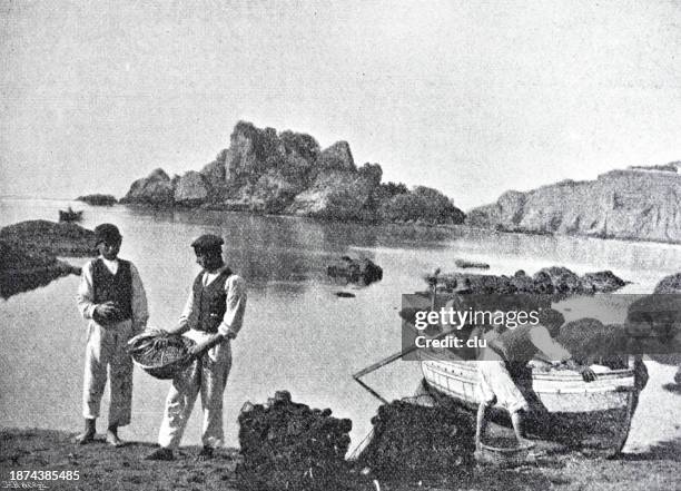 fishermen near taormina, island of sirens - taormina italy stock illustrations