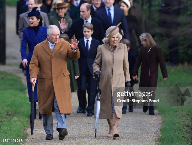 Catherine, Princess of Wales, King Charles III, Prince George, Prince William, Prince of Wales, Queen Camilla and Mia Tindall attend the Christmas...