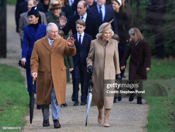 Catherine, Princess of Wales, King Charles III, Prince George, Prince William, Prince of Wales, Queen Camilla and Mia Tindall attend the Christmas...