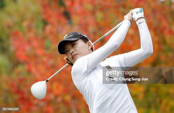 Eun-Bi Jang of South Korea hits a tee shot during the second round of the Mizuno Classic at Kintetsu Kashikojima Country Club on November 9, 2013 in...