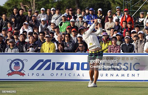 Natsuka Hori of Japan hits a tee shot during the second round of the Mizuno Classic at Kintetsu Kashikojima Country Club on November 9, 2013 in...