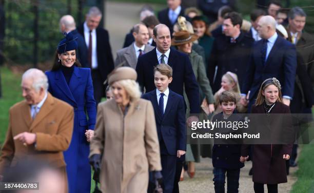 King Charles III, Catherine, Princess of Wales, Queen Camilla, Prince George, Prince William, Prince of Wales, Prince Louis and Mia Tindall attend...