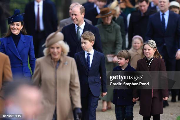 Catherine, Princess of Wales, Queen Camilla, Prince William, Prince of Wales, Prince George, Prince Louis and Mia Tindall attend the Christmas...