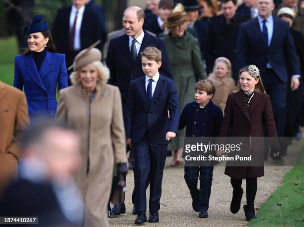 Catherine, Princess of Wales, Queen Camilla, Prince William, Prince of Wales, Prince George, Prince Louis and Mia Tindall attend the Christmas...