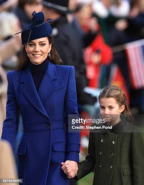 Catherine, Princess of Wales and Princess Charlotte attend the Christmas Morning Service at Sandringham Church on December 25, 2023 in Sandringham,...