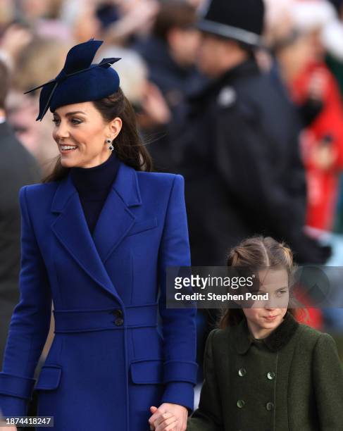 Catherine, Princess of Wales and Princess Charlotte attend the Christmas Morning Service at Sandringham Church on December 25, 2023 in Sandringham,...
