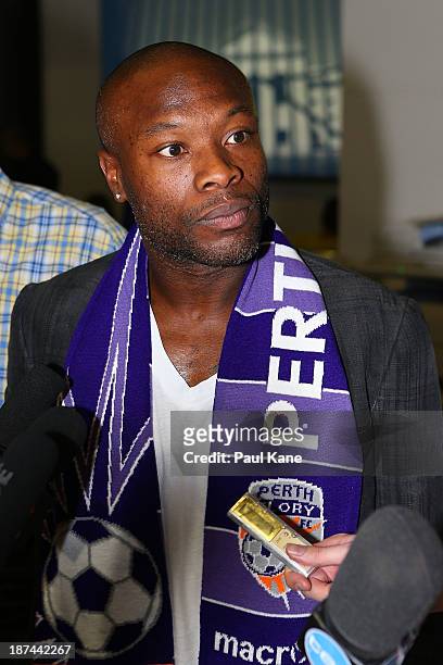 New Perth Glory A-League recruit William Gallas talks with the media after arriving at Perth International Airport on November 9, 2013 in Perth,...
