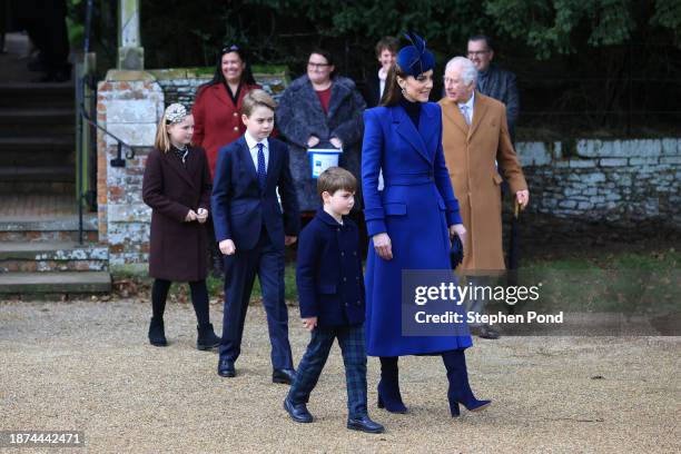 Mia Tindall, Prince George, Prince Louis, Catherine, Princes of Wales and King Charles III attend the Christmas Morning Service at Sandringham Church...