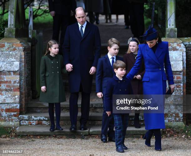 Princess Charlotte, Prince William, Prince of Wales, Prince George, Prince Louis, Mia Tindall and Catherine, Princess of Wales attend the Christmas...