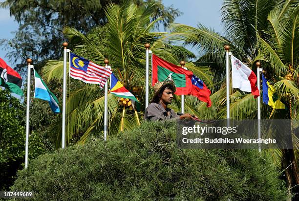 Man trims a hedge in the garden in front of national flags ahead of the Commonwealth Heads of Government Meeting at Bandaranaike Memorial...