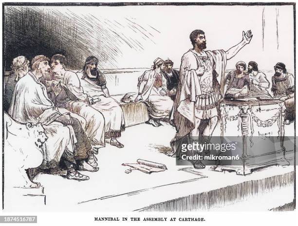 old engraved illustration of hannibal in the assembly at carthage - bad politician stock pictures, royalty-free photos & images