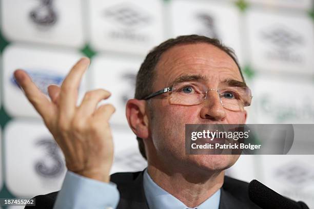 Newly appointed Republic of Ireland manager Martin O'Neill speaks during a press conference at Gibson Hotel on November 09, 2013 in Dublin, Ireland.