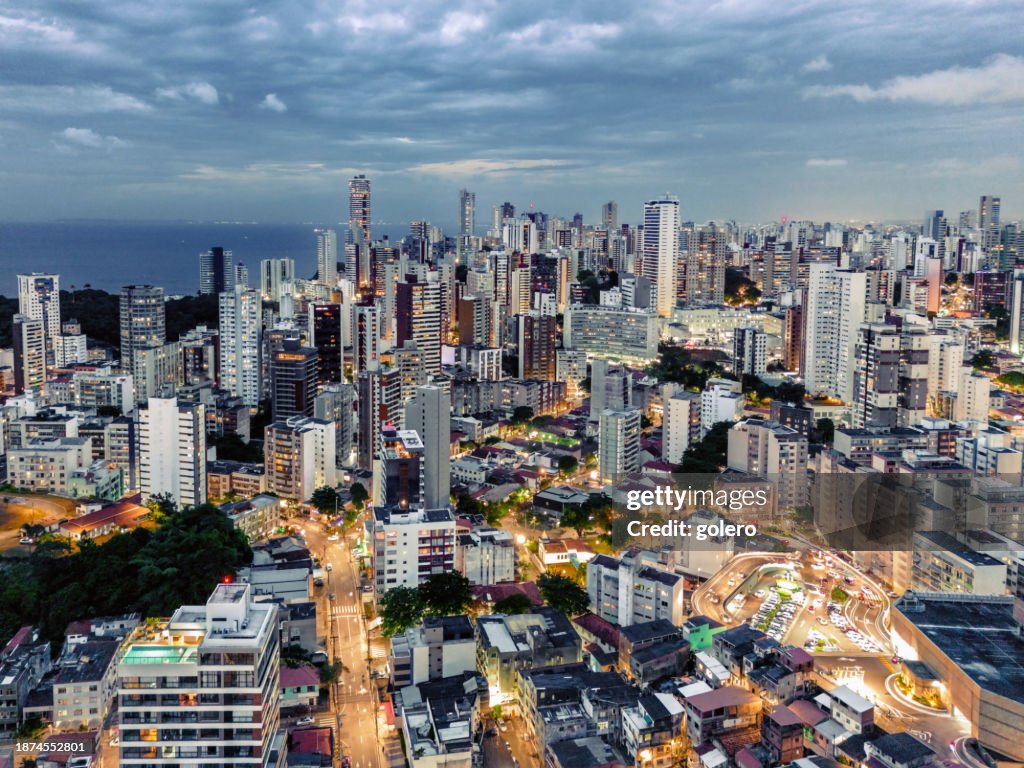 Illuminated skyline of modern Salvador da Bahia at night