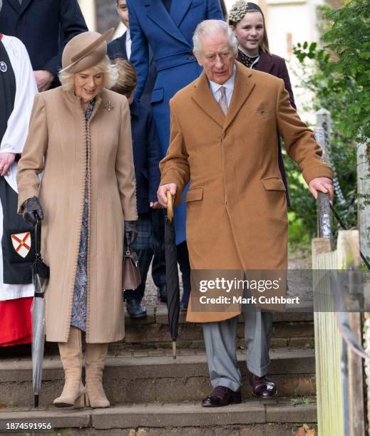 King Charles III and Queen Camilla attend the Christmas Day service at St Mary Magdalene Church on December 25, 2023 in Sandringham, Norfolk.