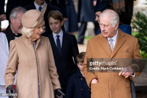King Charles III and Queen Camilla attend the Christmas Day service at St Mary Magdalene Church on December 25, 2023 in Sandringham, Norfolk.