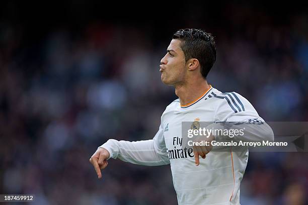 Cristiano Ronaldo of Real Madrid CF celebrates scoring the opening goal during the La Liga match between Real Madrid CF and Real Sociedad de Futbol...