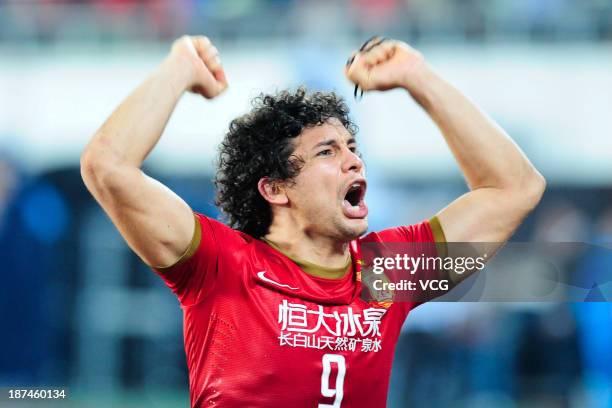 Elkeson of Guangzhou Evergrande celebrates after winning the AFC Champions League Final 2nd leg match against FC Seoul at Tianhe Sports Center on...