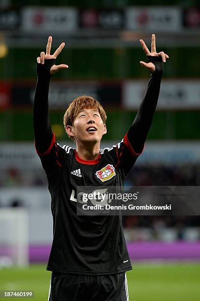 Heung-Min Son of Bayer Leverkusen celebrates his third goal during the Bundesliga match between Bayer Leverkusen and Hamburger SV at BayArena on...