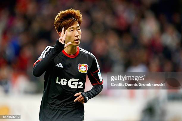 Heung-Min Son of Bayer Leverkusen celebrates his third goal during the Bundesliga match between Bayer Leverkusen and Hamburger SV at BayArena on...