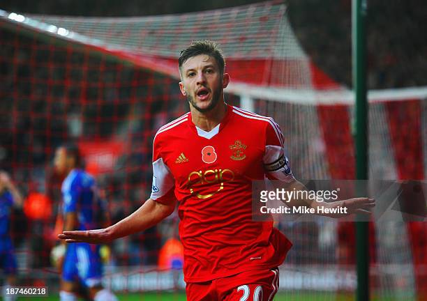 Adam Lallana of Southampton celebrates as he scores their third goal during the Barclays Premier League match between Southampton and Hull City at St...