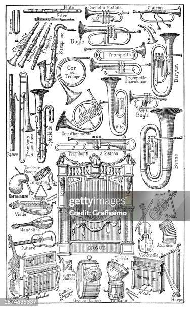 collection of different music instruments illustration 1899 - brass instrument stock illustrations