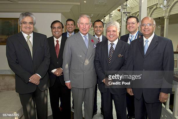 Prince Charles, Prince of Wales posses with Harish Salve, Mukesh Ambani, Manoj Badali, Sonny Takhar, Suhell Seth, Salman Mahdi and Ramdoria from the...