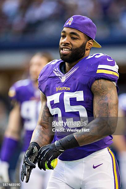 Marvin Mitchell of the Minnesota Vikings on the sidelines during a game against the Dallas Cowboys at AT&T Stadium on November 3, 2013 in Arlington,...