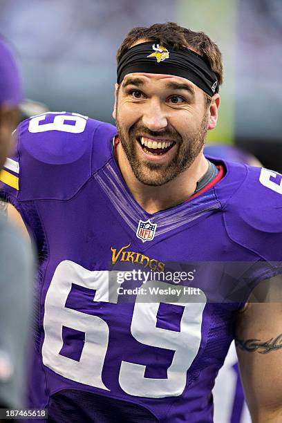 Jared Allen of the Minnesota Vikings smiles on the sidelines during a game against the Dallas Cowboys at AT&T Stadium on November 3, 2013 in...