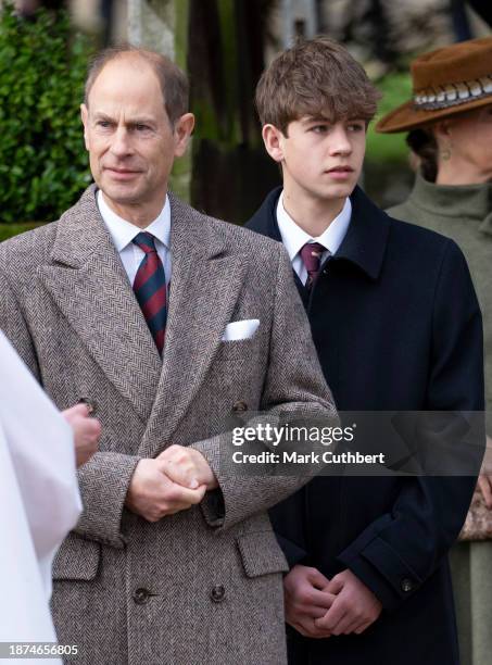 James, Earl of Wessex and Prince Edward, Duke of Edinburgh attend the Christmas Day service at St Mary Magdalene Church on December 25, 2023 in...