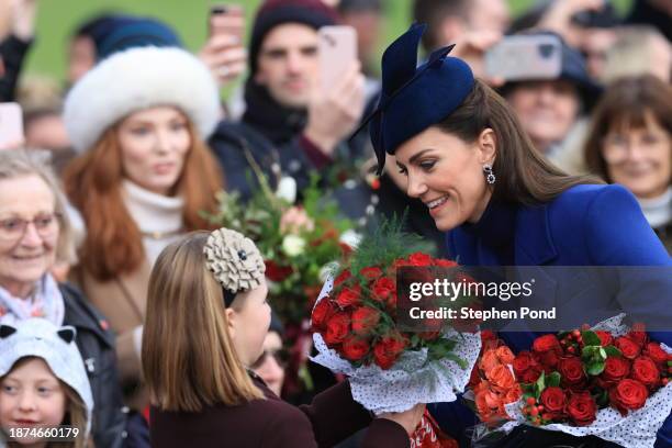 Catherine, Princess of Wales and Mia Tindall greet well-wishers after attending the Christmas Morning Service at Sandringham Church on December 25,...