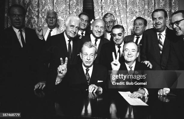 American politician Senators Everett Dirksen and Hubert Humphrey pose with their fellow senators after passing a vote for cloture on the Civil Rights...